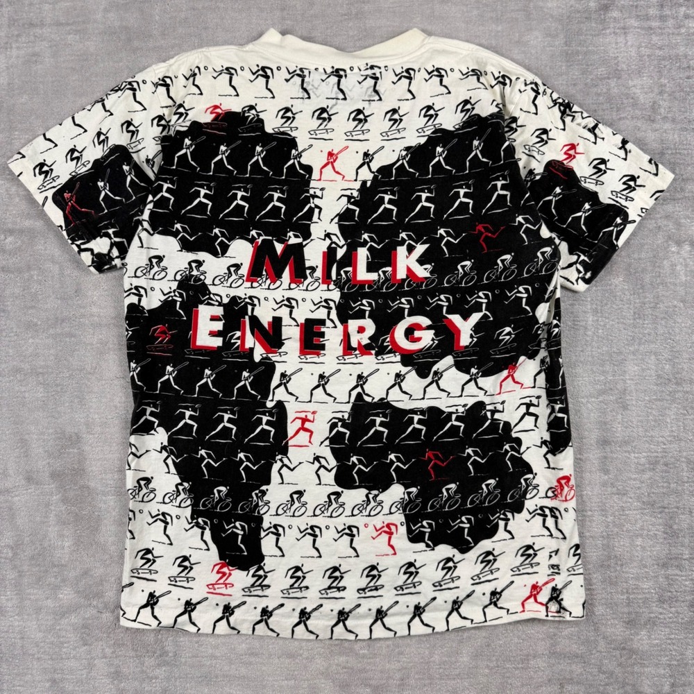Milk Energy Shirt Mens Medium White Vintage 90s All Over Print Sports Health